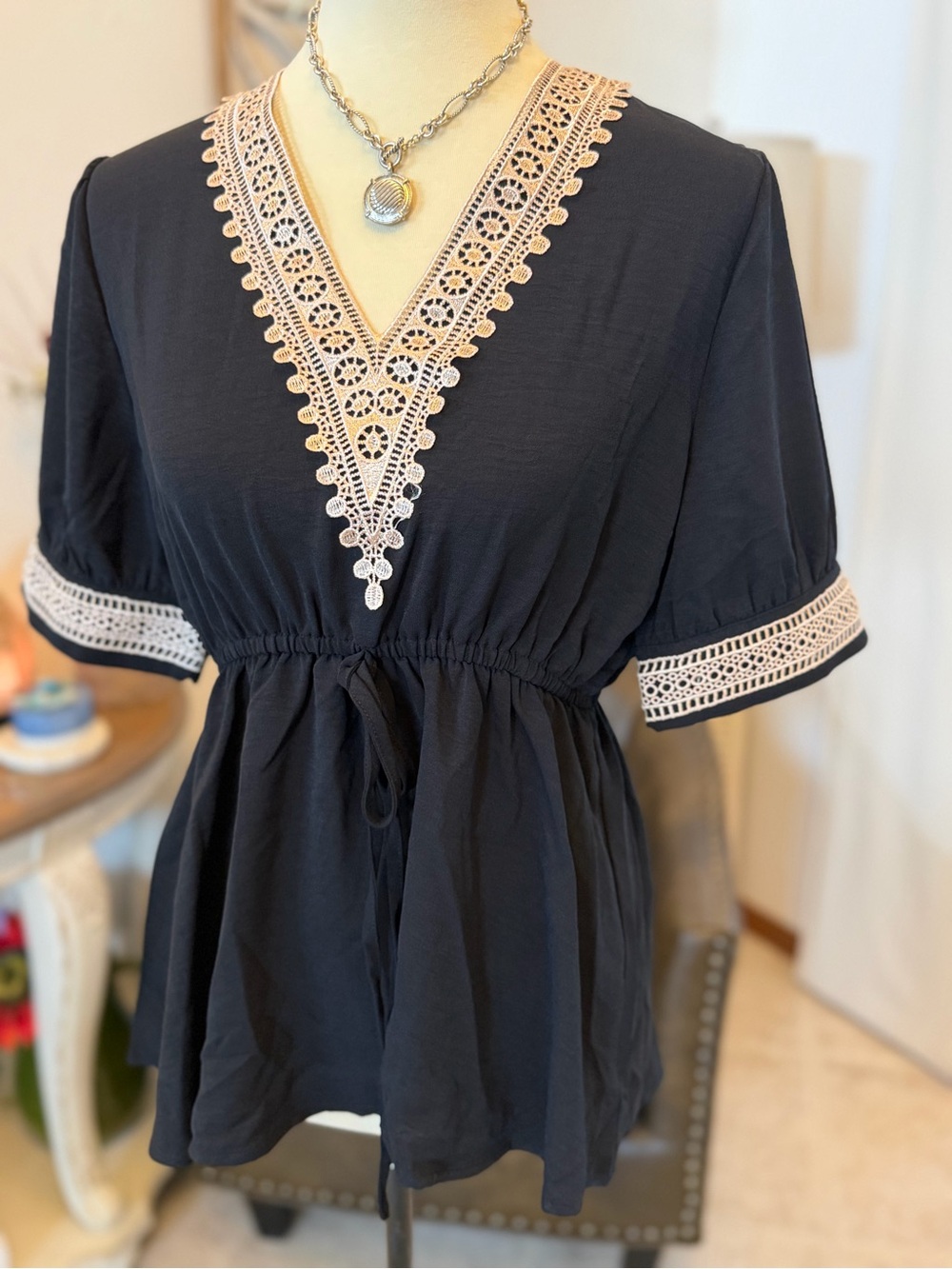 Charming Charlie Black V-Neck Lace-Trim Drawstring Babydoll Peplum Top